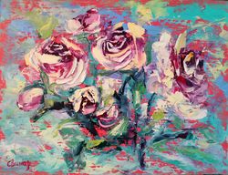 Oil Painting Flower Pink Roses Bushes Impasto Original Artist Svinar Oksana