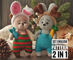Set crochet pattern 2 in 1, Bunny, Kitten and accessories, English PDF pattern