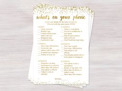 Whats on your phone, Funny Bridal Shower games, Gold confetti Babyl Shower ideas, Wedding Activities, Bachelorette party