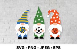 Sport gnomes holding basketball, volleyball, soccer balls SVG cut file