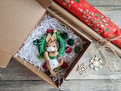 Holiday Gift Box, Rabbit ornament, Christmas felt garland, Felt Christmas toy,  Christmas tree