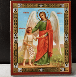 Guardian Angel and the Soul | Mini Icon Gold and Silver Foiled Mounted on Wood 2,5" x 3,5" |