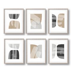 Abstract Shapes Art Set Of 6 Prints Brown Gray Art Digital Download Modern Home Decor 6 Piece Wall Art Abstract Poster