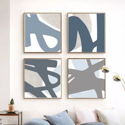 Abstract Print Set Of 4 Prints Blue Gray Wall Art Abstract Line Art Living Room Decor Downloadable Prints Minimalist Art