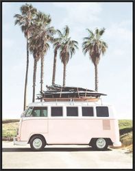 Pink Van Poster, Pink Combi van, Surf Print, Surfboards Beach Print, Coastal Decor, Retro Beach Print, Tropical, Blush