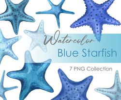Watercolor starfish. Watercolor sea postcard. Nautical clipart Ocean element. DIGITAL CLIPART with blue starfish.
