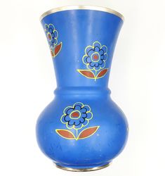 Vintage Blue Aluminum Vase Hand-painted USSR 1960s