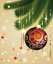 Christmas greeting card with decorative red ball and green branches