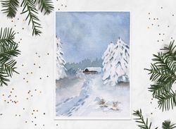 Snowy pine trees painting Winter house painting Winter forest painting Winter cottage 5x7"