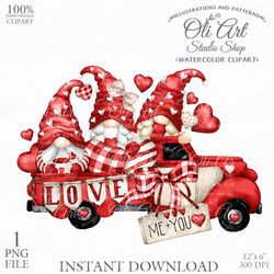 Valentine's Day Gnome Truck Clip Art. Digital Clipart, Hand Drawn Graphics, Digital Download. OliArtStudioShop