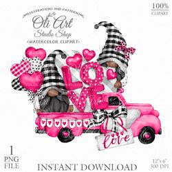 Valentine's Day Gnome Truck Clip Art. Digital Clipart, Hand Drawn Graphics, Digital Download. OliArtStudioShop