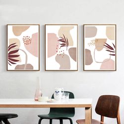 Pink Room Decor Abstract Botanical Leaf Print Pink Abstract Art Set of 3 Wall Art Digital Prints Triptych Painting