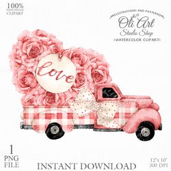 Valentine's Day Truck Clip Art. Digital Clipart, Hand Drawn Graphics, Digital Download. OliArtStudioShop