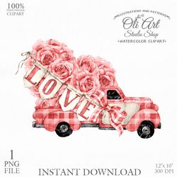 Valentine's Day Truck Clip Art. Digital Clipart, Hand Drawn Graphics, Digital Download. OliArtStudioShop