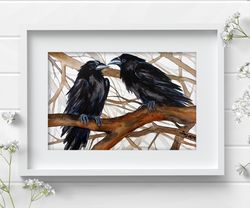 2 Crow 8x11 inch original watercolor raven art black birds raven painting by Anne Gorywine