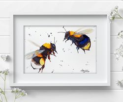 Watercolor painting original aquarelle bumblebee drawing 2 bees insect by Anne Gorywine