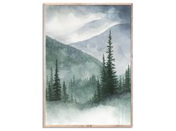 Mountain Forest Art Print Pine Trees Watercolor Painting Foggy Forest Wall Art Sage Green and Gray Landscape Poster