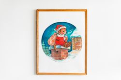 Christmas illustration of santa tiger on the roof. Digital printable poster