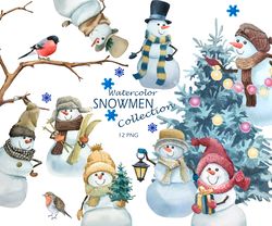 Watercolor funny snowmen. Digital clipart