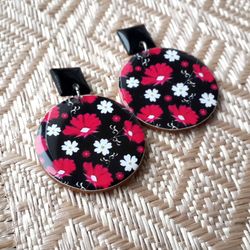 Flower Earrings, Round Wooden Earrings, Resin Statement Gipsy Earrings