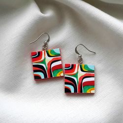 Square Wooden earrings, Summer Striped dangle earrings, geometric resin earrings, art painting earrings