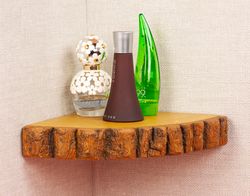 Corner Shelf, oak bark,  Floating Shelves corner shel, corner shelves, natural edge live, shelf log floating corner,