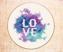Love cross stitch pattern PDF Watercolor xstitch Modern embroidery pattern Counted cross stitch chart Valentine's day