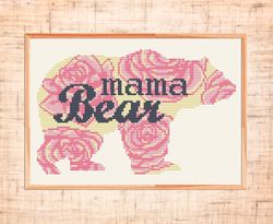 Mama bear cross stitch pattern Modern cross stitch Floral nursery cross stitch Mom gift embroidery PDF Woodland animal