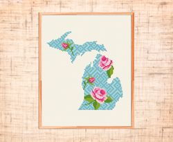 Michigan cross stitch pattern Modern cross stitch Floral map cross stitch Flower State cross stitch USA Instant download