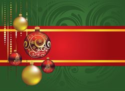 Greeting card with decorative red and gold Christmas balls ornaments