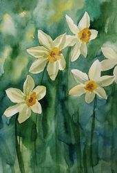 Daffodils Painting Original Artwork Floral Wall Art Plants Painting
