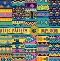 Neon Aztec Digital Paper set, 10 tribal seamless patterns for scrapbooking and crafting