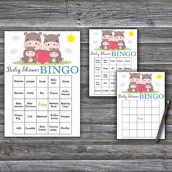 Funny Hippo Baby Shower Bingo Cards,Hippo Baby Shower Bingo Games,Printable Baby Shower Bingo Cards--290