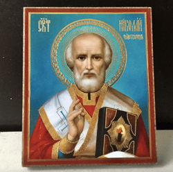 Saint Nicholas the Wonderworker | Icon Mini Size Gold Foiled Mounted on Wood | Size: 2,5" x 3,5"