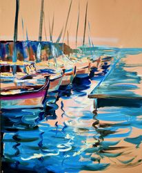 Boats in Harbor Original Oil Painting Marina Painting Seascape Artwork Sailboats Abstract Painting Modern Art 20x16 in