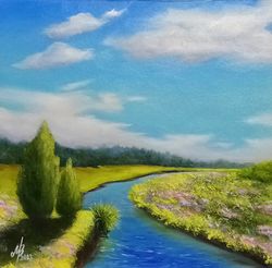 River painting Summer landscape with a river Original landscape art 11x11inches Wall art Summer painting