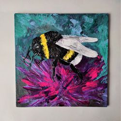 Bee painting, Insect original art wall decor, Honey bee on flower impasto painting,  Bumblebee painting