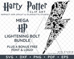 Harry Potter Clip Art Design SVG DXF PNG PDF - Big Lightening Bolt Shaped Bundle & FREE Font!
