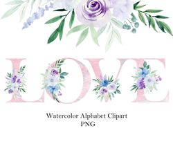 Watercolor Alphabet with Bright Flowers.