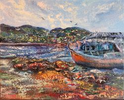 Original Art Oil Painting Rocks Seagull Fishing Boat Ship Sea Artist Svinar Oksana
