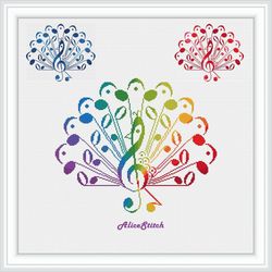 Cross stitch pattern Music Peacock notes treble clef bird rainbow monochrome counted crossstitch patterns Download PDF