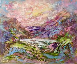 Lake Island Sea Sunset Original Art Oil Painting Abstract Artist Svinar Oksana