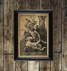 Cain kills Abel with an ax. Albrecht Durer artwork. Bible art print. Religious gift. 371.