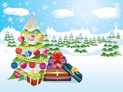 Cartoon Christmas tree with decorations and gifts on winter background
