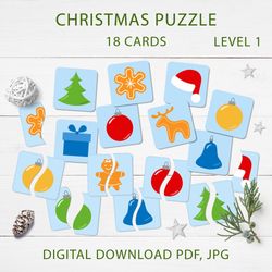 Christmas puzzle game for toddlers, Printable puzzle in PDF, JPG formats, baby puzzle board game, Homeschooling DIY