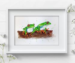 2 Green Tree Frog 8x11 inch watercolor original wall decor aquarelle bug painting by Anne Gorywine
