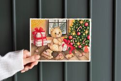 Cute teddy bear with gifts for Christmas. Digital printable poster