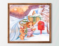 Cute bears send a letter to Santa. Christmas poster. digital printable