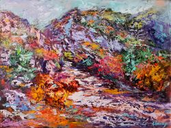 Trees Mountains Path Trail Original Art Oil Painting Abstract Artist Svinar Oksana