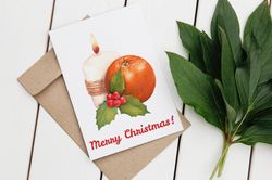 Merry Christmas illustration. Orange, candle and Christmas berry. Digital printable poster